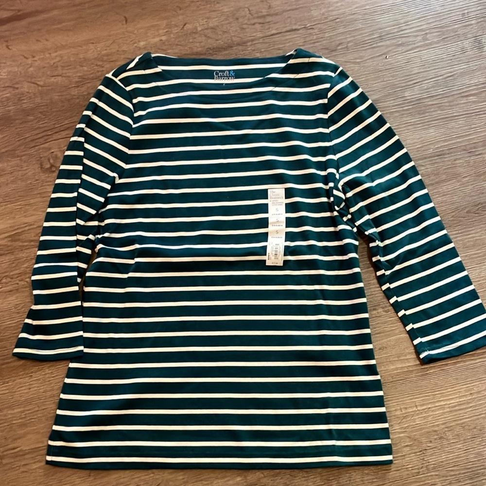 croft & barrow Green and White Striped Boatneck Top